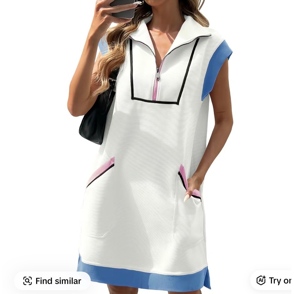 Womens XL White Blue Quarter Zip summer Sleeveless Tunic Dress‎ Ribbed